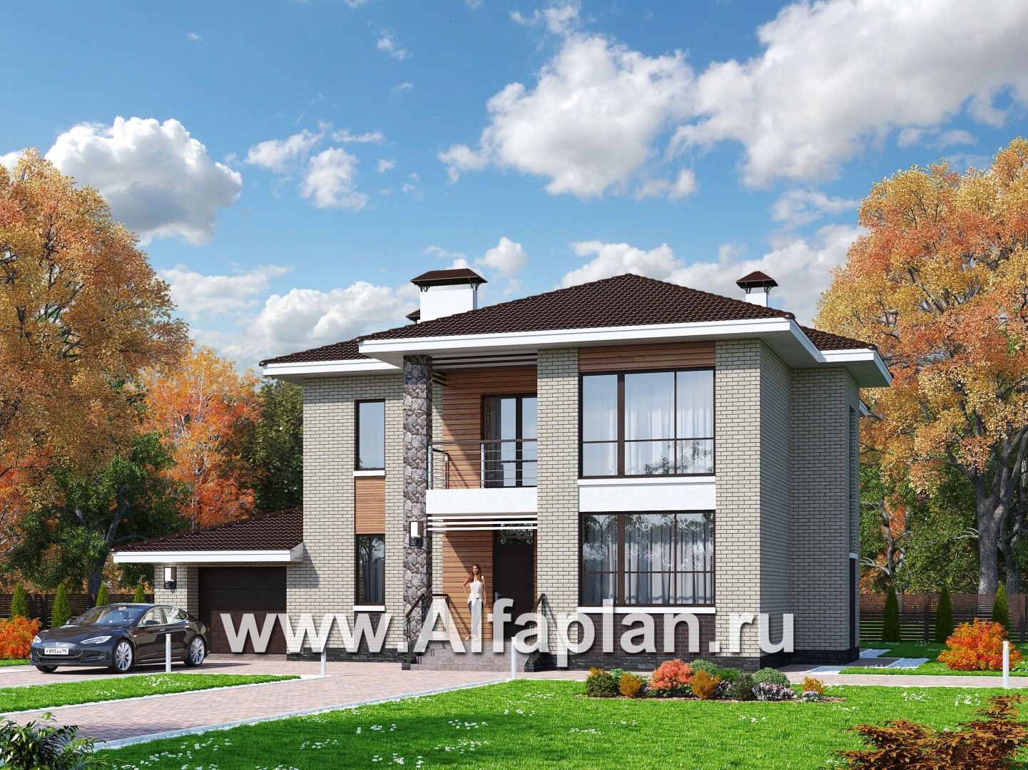Проекты домов Альфаплан - «Формула успеха» - проект двухэтажного дома из газобетона, в скандинавском стиле, с гаражом - основное изображение