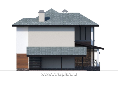 «Траектория» - проект двухэтажного дома, современный стиль, с сауной и с террасой, с навесом на 1 авто - превью фасада дома