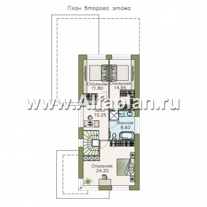 «Писарро» - проект двухэтажного дома для узкого участка, 3 мпальни, с террасой, с односкатной кровлей в стиле минимализм - превью план дома