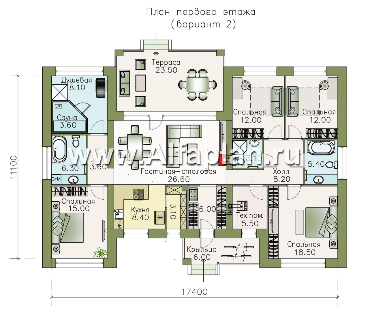 Проекты домов Альфаплан - «Ангара» - проект просторного одноэтажного дома, 5 спален - план проекта №2
