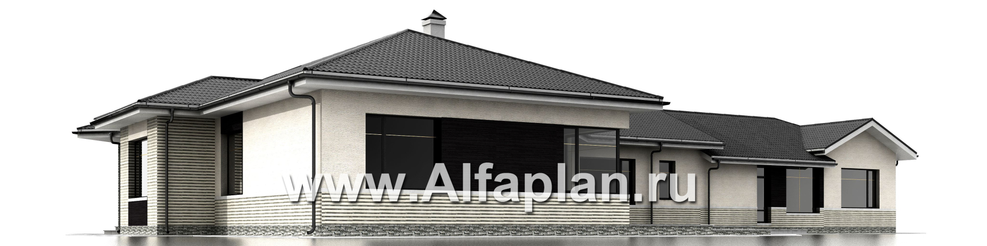 Проекты домов Альфаплан - «Модуль» — проект одноэтажного дома, со спортзалом и сауной, с бассейном и гостевой квартирой - изображение фасада №2