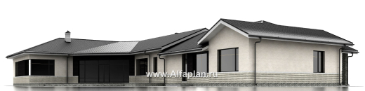 Проекты домов Альфаплан - «Модуль» — проект одноэтажного дома, со спортзалом и сауной, с бассейном и гостевой квартирой - превью фасада №3