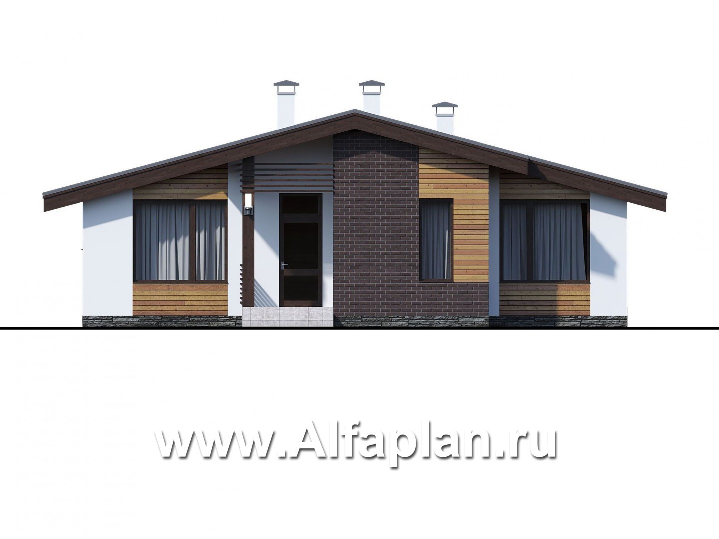 Проекты домов Альфаплан - «Альфа» - проект одноэтажного дома, с сауной и с террасой в скандинавском стиле - изображение фасада №1