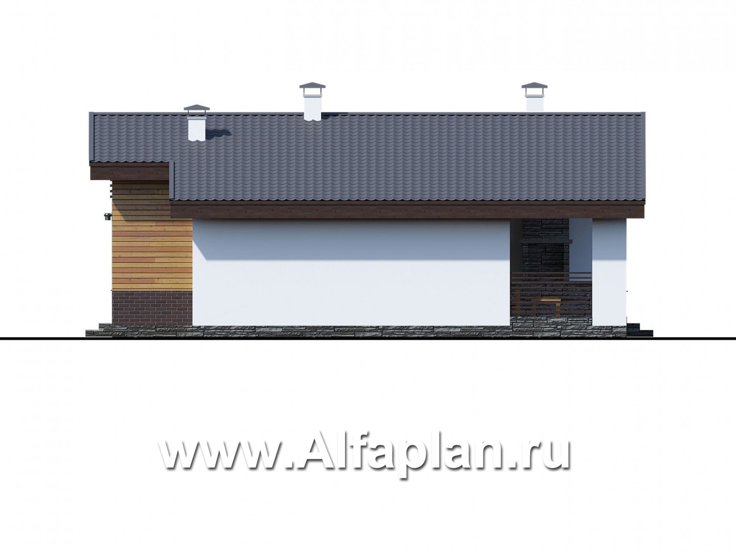 Проекты домов Альфаплан - «Альфа» - проект одноэтажного дома, с сауной и с террасой в скандинавском стиле - изображение фасада №2