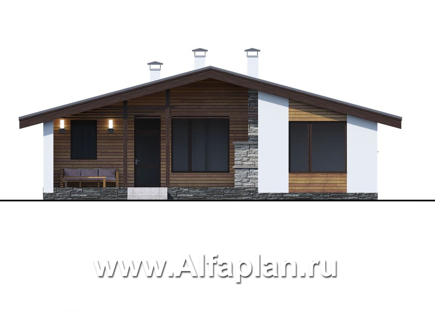 Проекты домов Альфаплан - «Альфа» - проект одноэтажного дома, с сауной и с террасой в скандинавском стиле - изображение фасада №4