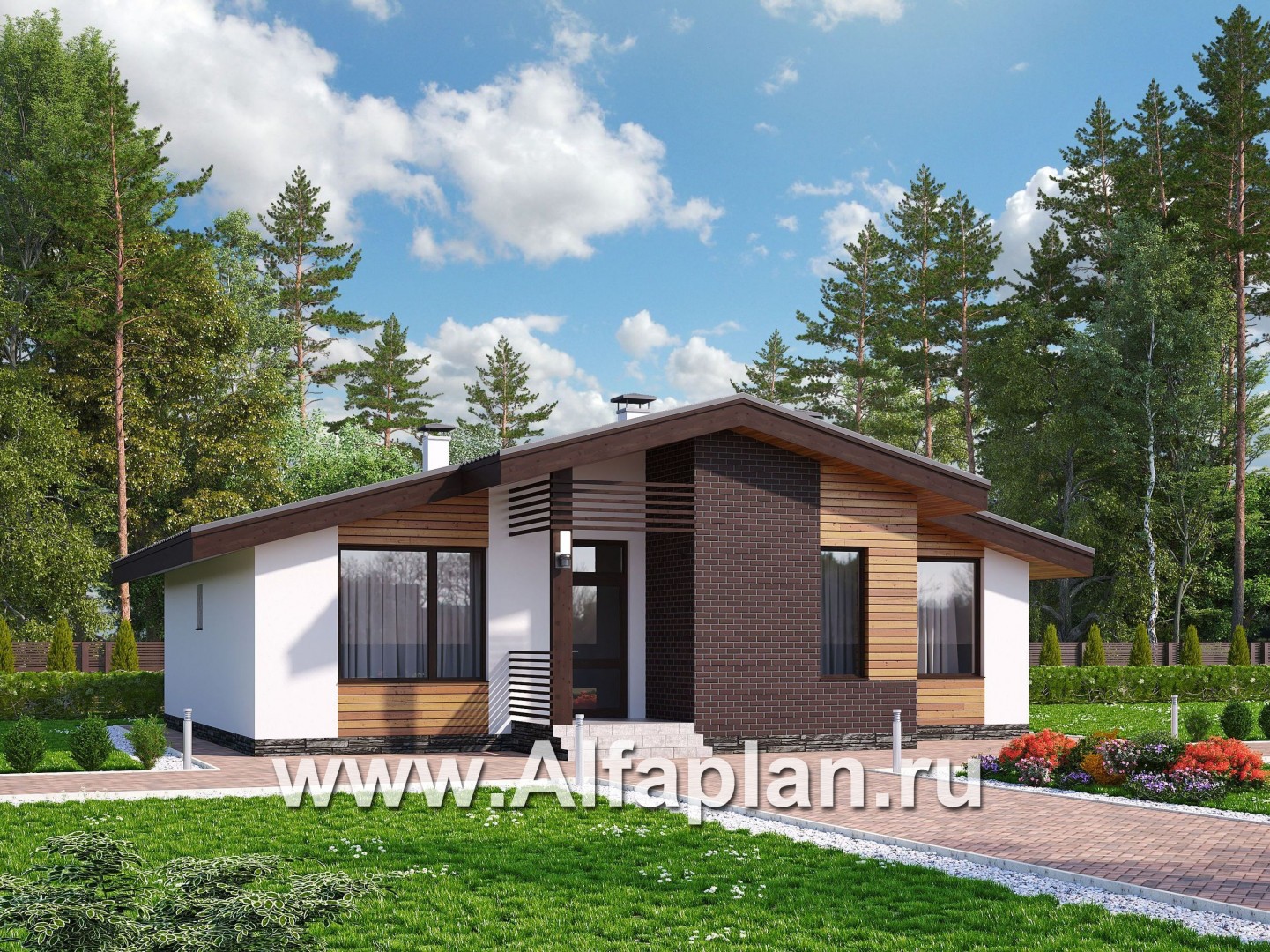 Проекты домов Альфаплан - «Альфа» - проект одноэтажного дома, с сауной и с террасой в скандинавском стиле - основное изображение