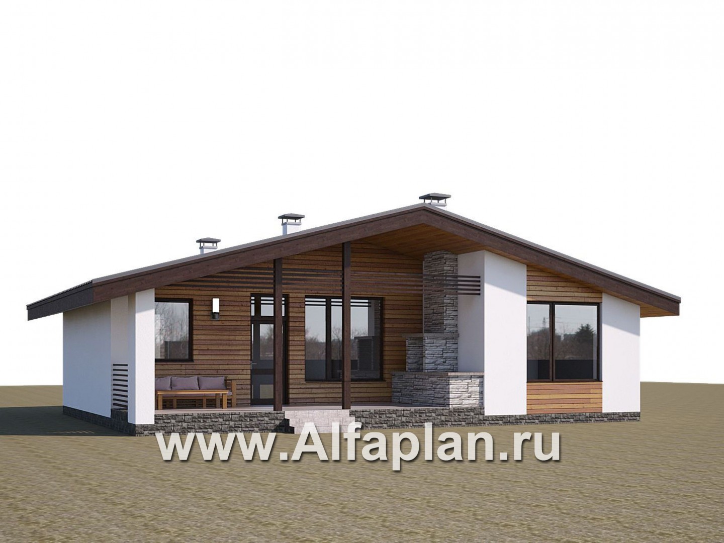 Проекты домов Альфаплан - «Альфа» - проект одноэтажного дома, с сауной и с террасой в скандинавском стиле - дополнительное изображение №1