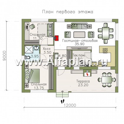 Проекты домов Альфаплан - «Бета» - проект одноэтажного каркасного дома с террасой, в скандинавском стиле - превью плана проекта №1
