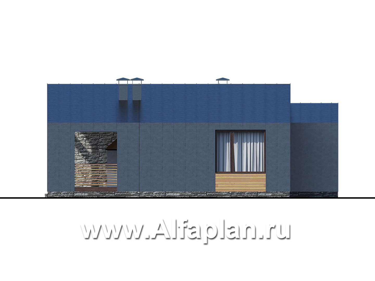 Проекты домов Альфаплан - «Эпсилон» - проект одноэтажного каркасного дома с террасой со стороны входа - изображение фасада №2