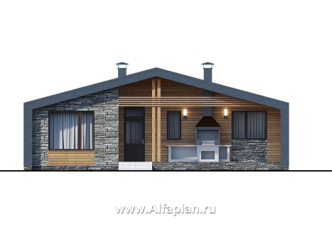 Проекты домов Альфаплан - «Эпсилон» - проект одноэтажного каркасного дома с террасой со стороны входа - превью фасада №1
