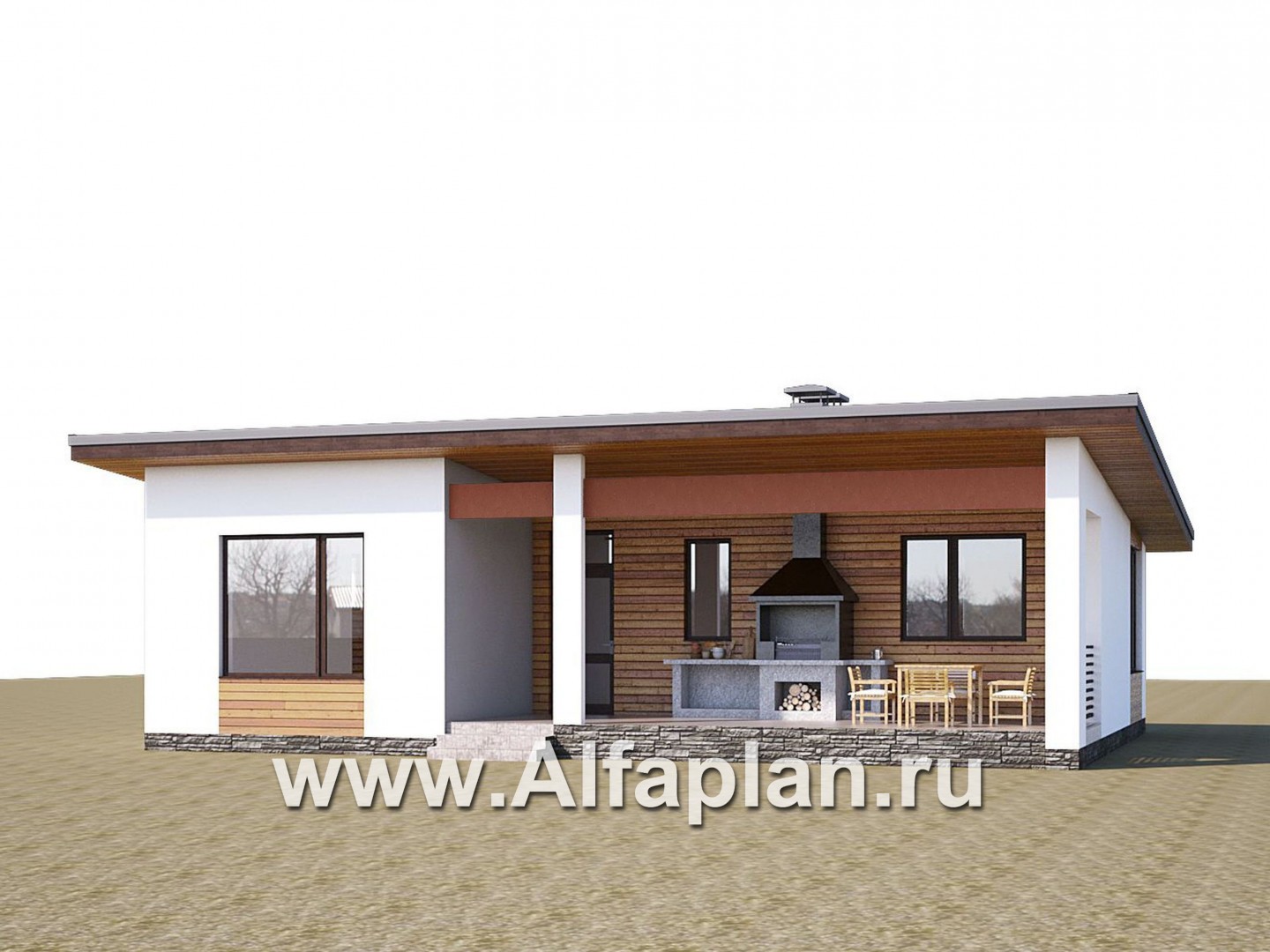 «Эпсилон» - проект одноэтажного дома с террасой, в скандинавском стиле - дизайн дома №1