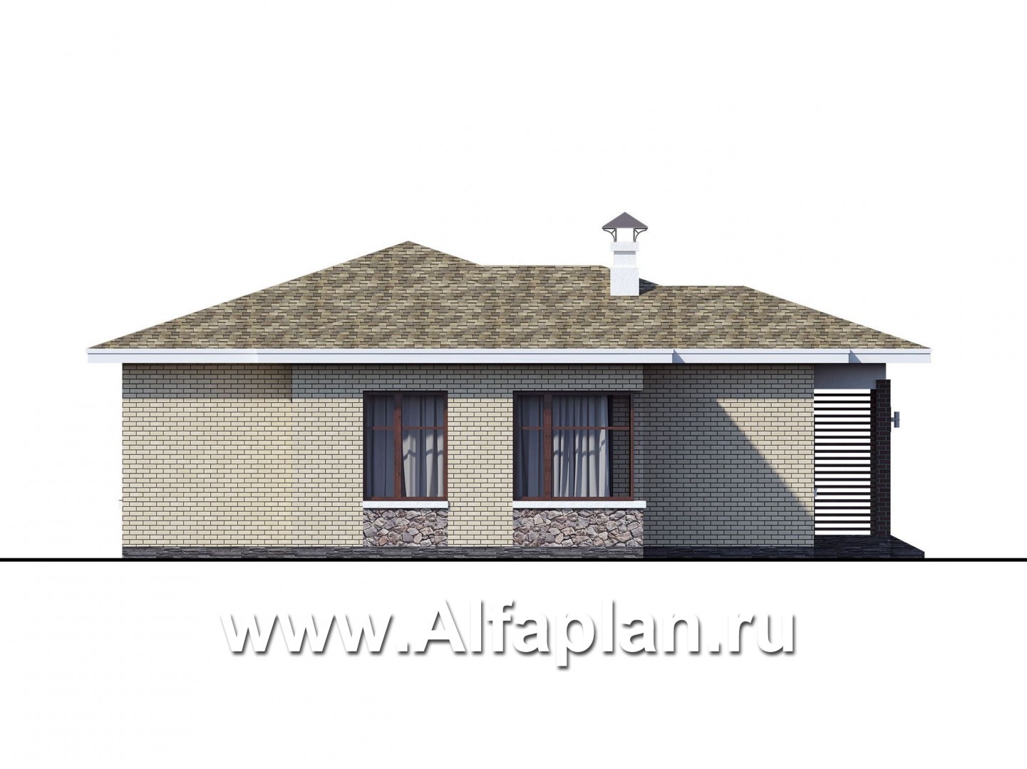 Проекты домов Альфаплан - "Медиана" - проект одноэтажного дома из кирпича, с угловыми окнами - изображение фасада №3