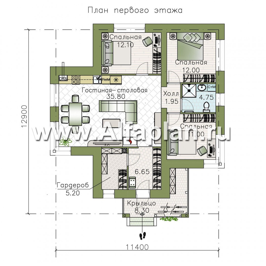 Проекты домов Альфаплан - "Медиана" - проект одноэтажного дома из кирпича, с угловыми окнами - план проекта №1