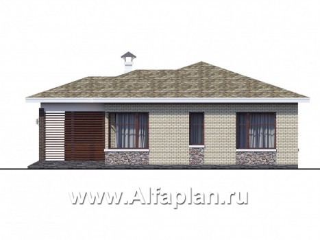 Проекты домов Альфаплан - "Медиана" - проект одноэтажного дома из кирпича, с угловыми окнами - превью фасада №2