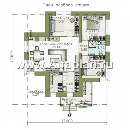 Проекты домов Альфаплан - "Медиана" - проект одноэтажного дома из кирпича, с угловыми окнами - превью плана проекта №1