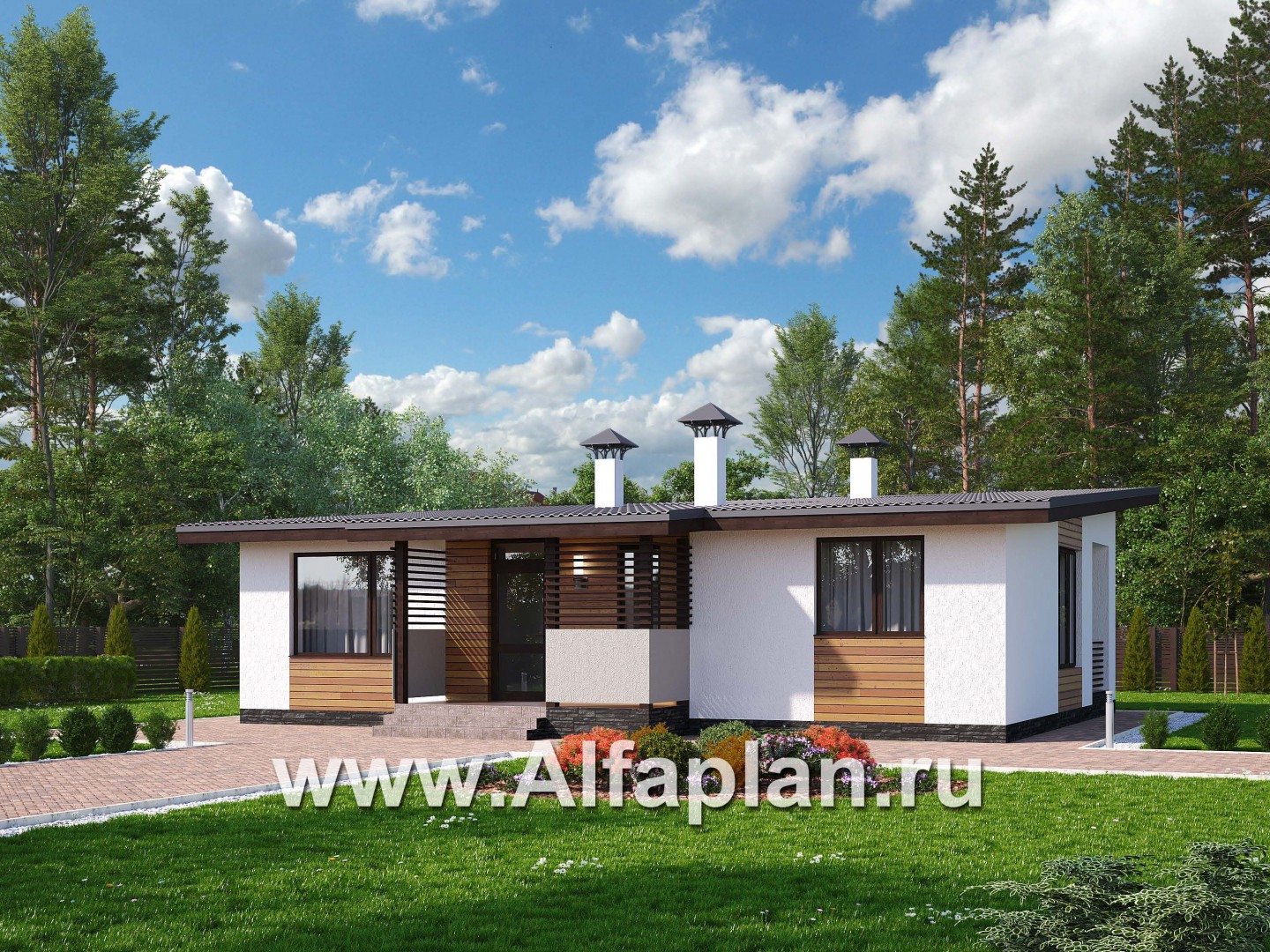 Проекты домов Альфаплан - «Зита» -  проект одноэтажного дома, с террасой, в скандинавском стиле - основное изображение