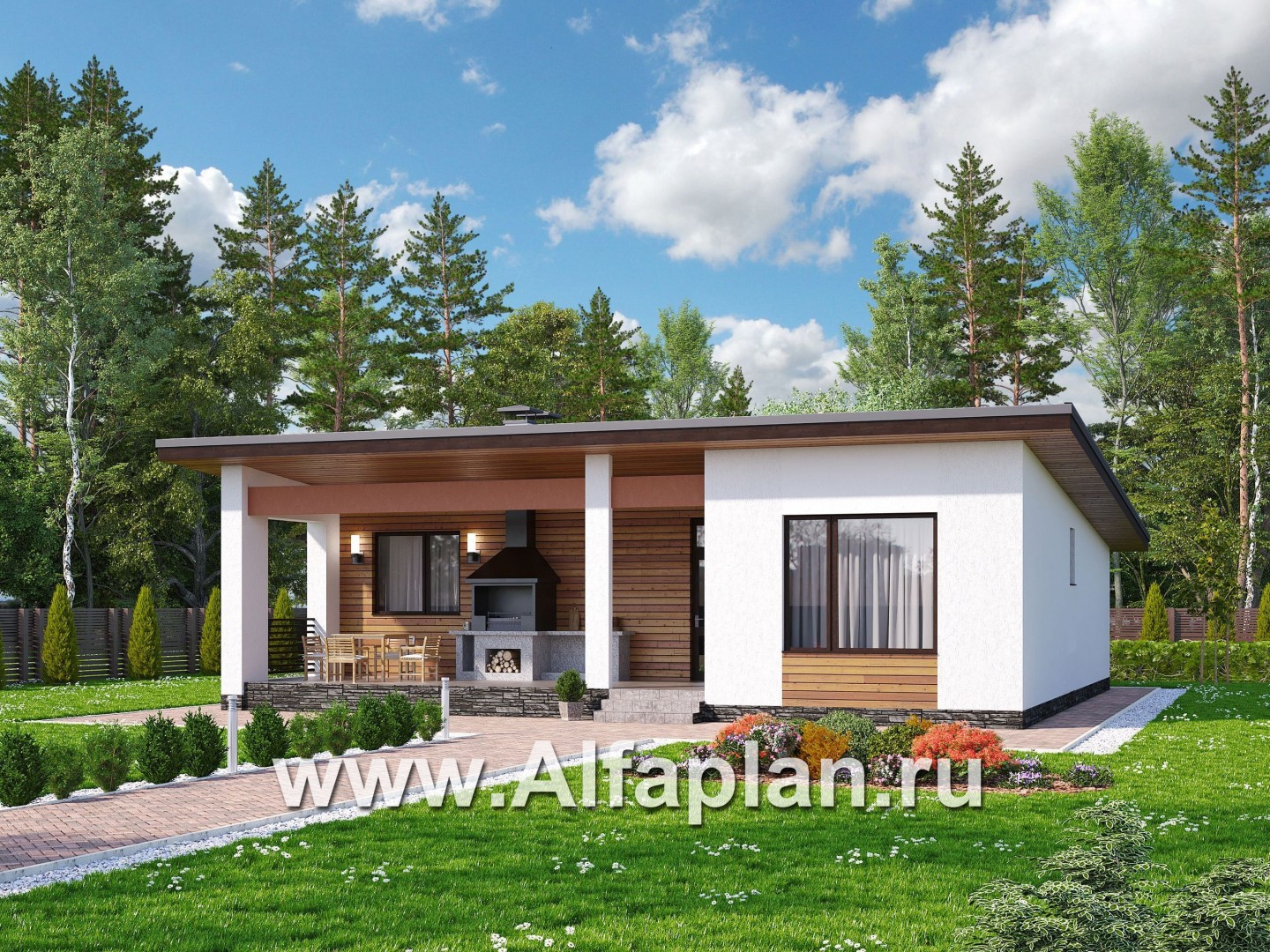 Проекты домов Альфаплан - «Зита» -  проект одноэтажного дома, с террасой, в скандинавском стиле - дополнительное изображение №1