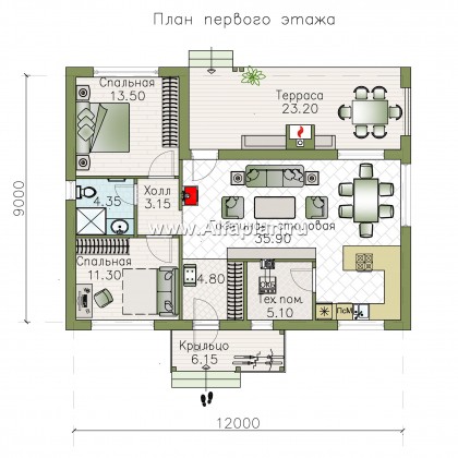 Проекты домов Альфаплан - «Зита» -  проект одноэтажного дома, с террасой, в скандинавском стиле - превью плана проекта №1