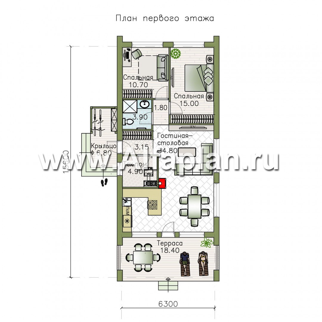 Проекты домов Альфаплан - «Тета» -  проект одноэтажного дома в стиле барн, с террасой, 2 спальни - изображение плана проекта №1