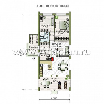 Проекты домов Альфаплан - «Тета» -  проект одноэтажного дома в стиле барн, с террасой, 2 спальни - превью плана проекта №1