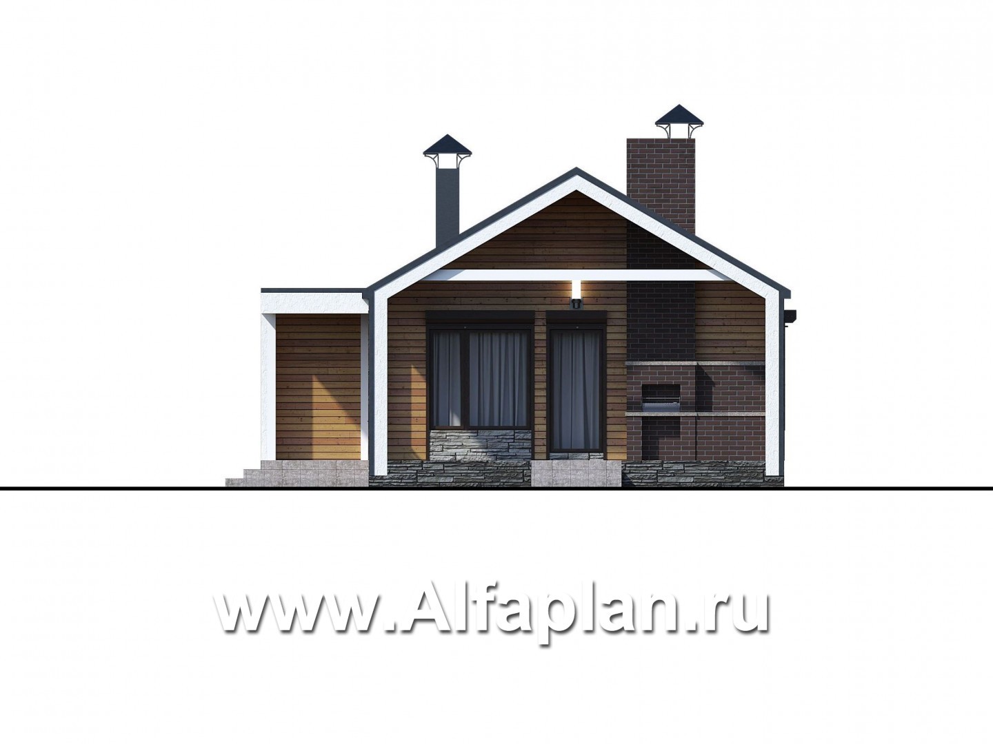 Проекты домов Альфаплан - «Тета» -  проект одноэтажного дома в стиле барн, с террасой, 2 спальни - изображение фасада №1