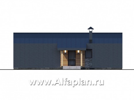 Проекты домов Альфаплан - «Каппа» -  проект одноэтажного дома, с террасой, в стиле барн, 2 спальни - превью фасада №3