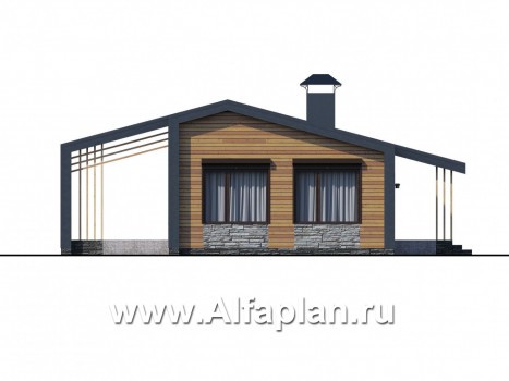 Проекты домов Альфаплан - «Каппа» -  проект одноэтажного дома, с террасой, в стиле барн, 2 спальни - превью фасада №4