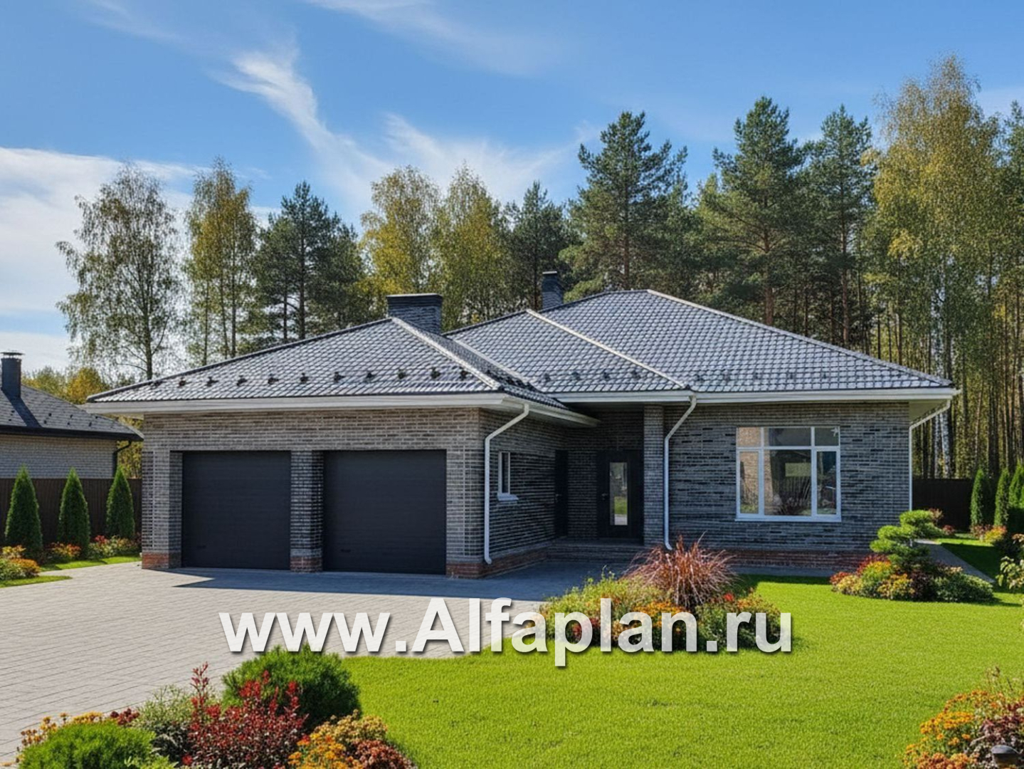 «Покровка» - красивый дом, проект одноэтажногокоттеджа из газобетона, мастер спальня, с террасой и гаражом на 2 авто - дизайн дома №1