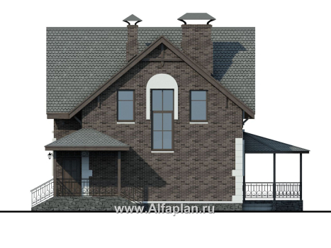 Проекты домов Альфаплан - Проект дома с мансардой из газобетона «Оптима», с террасой - превью фасада №2