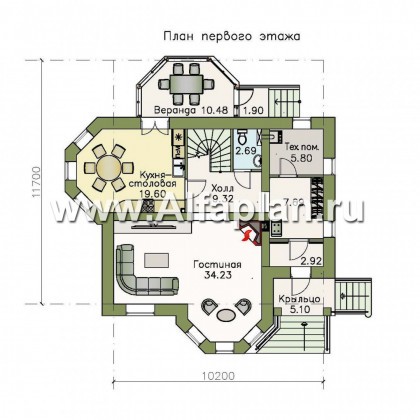 «Успех» - проект двухэтажного дома,  планировка 4 спальни, с верандой и с эркером - превью план дома