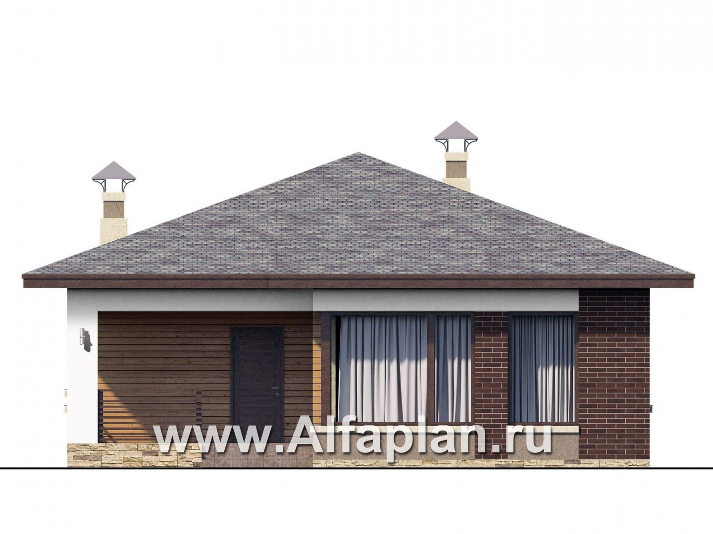Проекты домов Альфаплан - «Дега» - проект одноэтажного дома из газобетона, с террасой, с угловым окном - изображение фасада №1