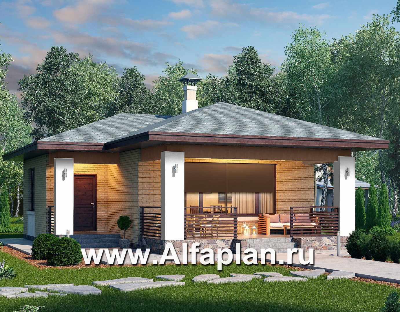 Проекты домов Альфаплан - «Виньон» - проект одноэтажного дома, планировка с большой террасой, 2 спальни - дополнительное изображение №1