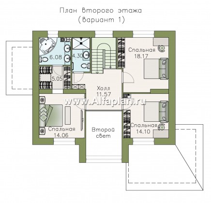 «Регата» - красивый проект дома с мансардой, планировка с мастер спальней, двусветная столовая, двускатная крыша - превью план дома