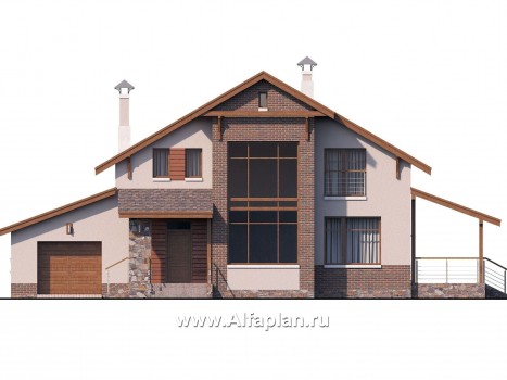 «Регата» - красивый проект дома с мансардой, планировка с мастер спальней, двусветная столовая, с гаражом - превью фасада дома
