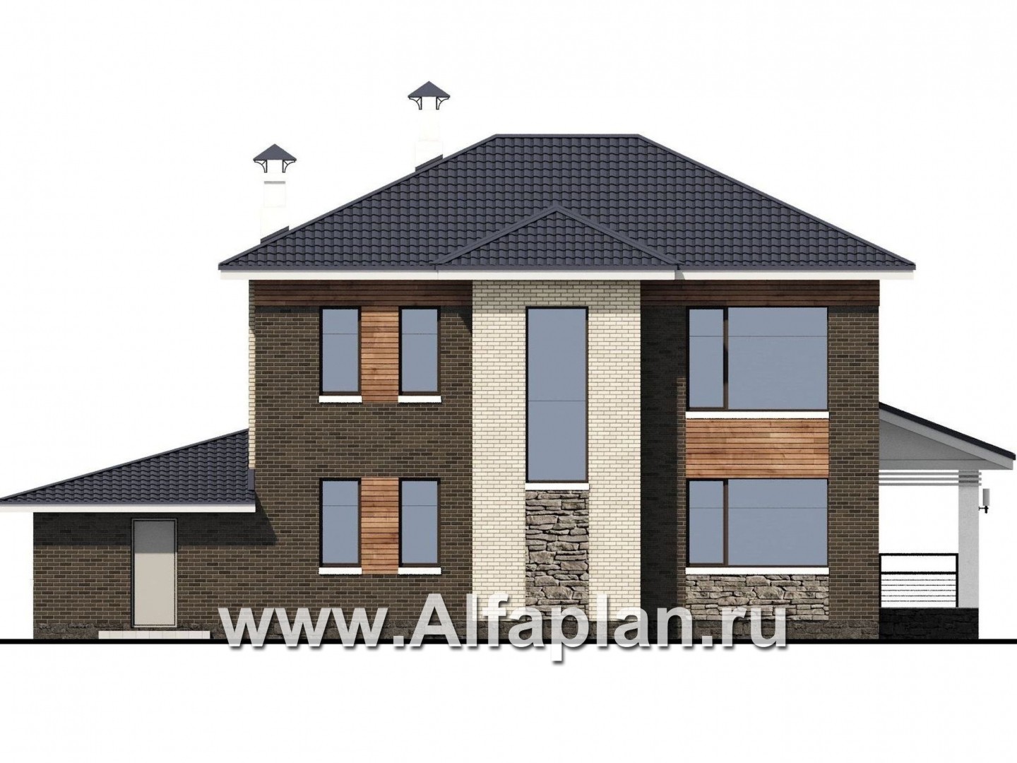Проекты домов Альфаплан - «Светлая полоса» - современный двухэтажный коттедж с гаражом и верандой - изображение фасада №4
