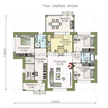 Проекты домов Альфаплан - «Мельпомена» - стильный одноэтажный коттедж с террасой - превью плана проекта №1