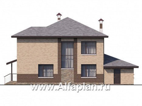«Статус» - проект двухэтажного дома из кирпича, с эркером и с террасой, с гаражом - превью фасада дома