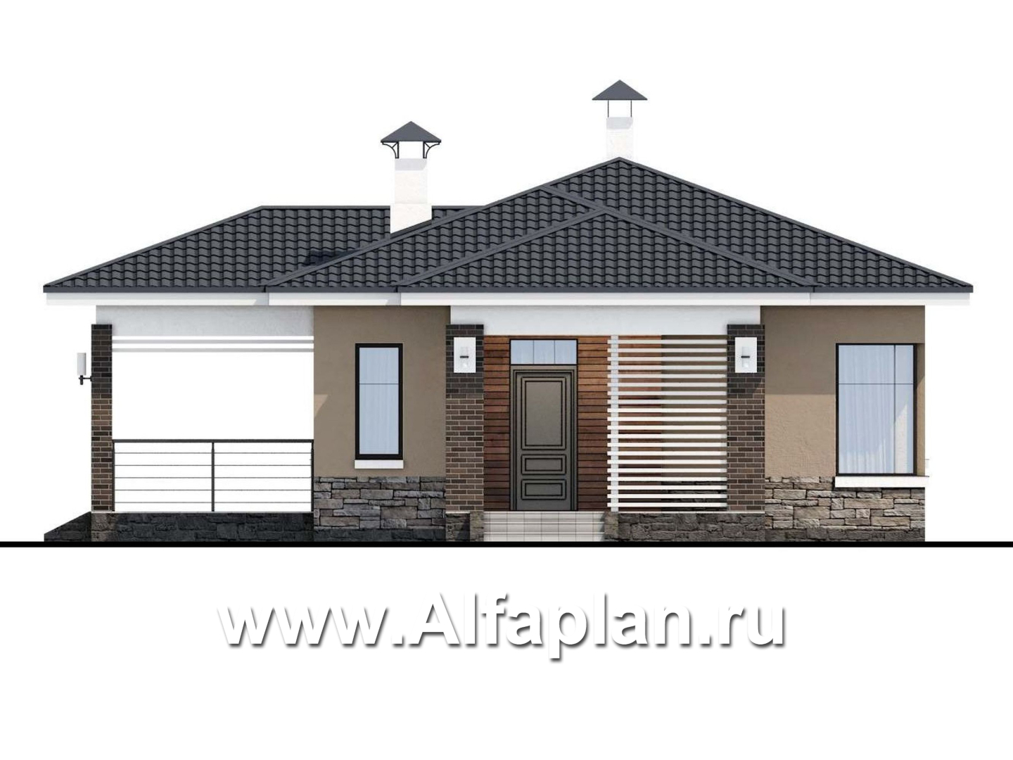 Проекты домов Альфаплан - «Аэда» - проект одноэтажного дома, 3 спальни, с остекленной верандой, в современном стиле - изображение фасада №1