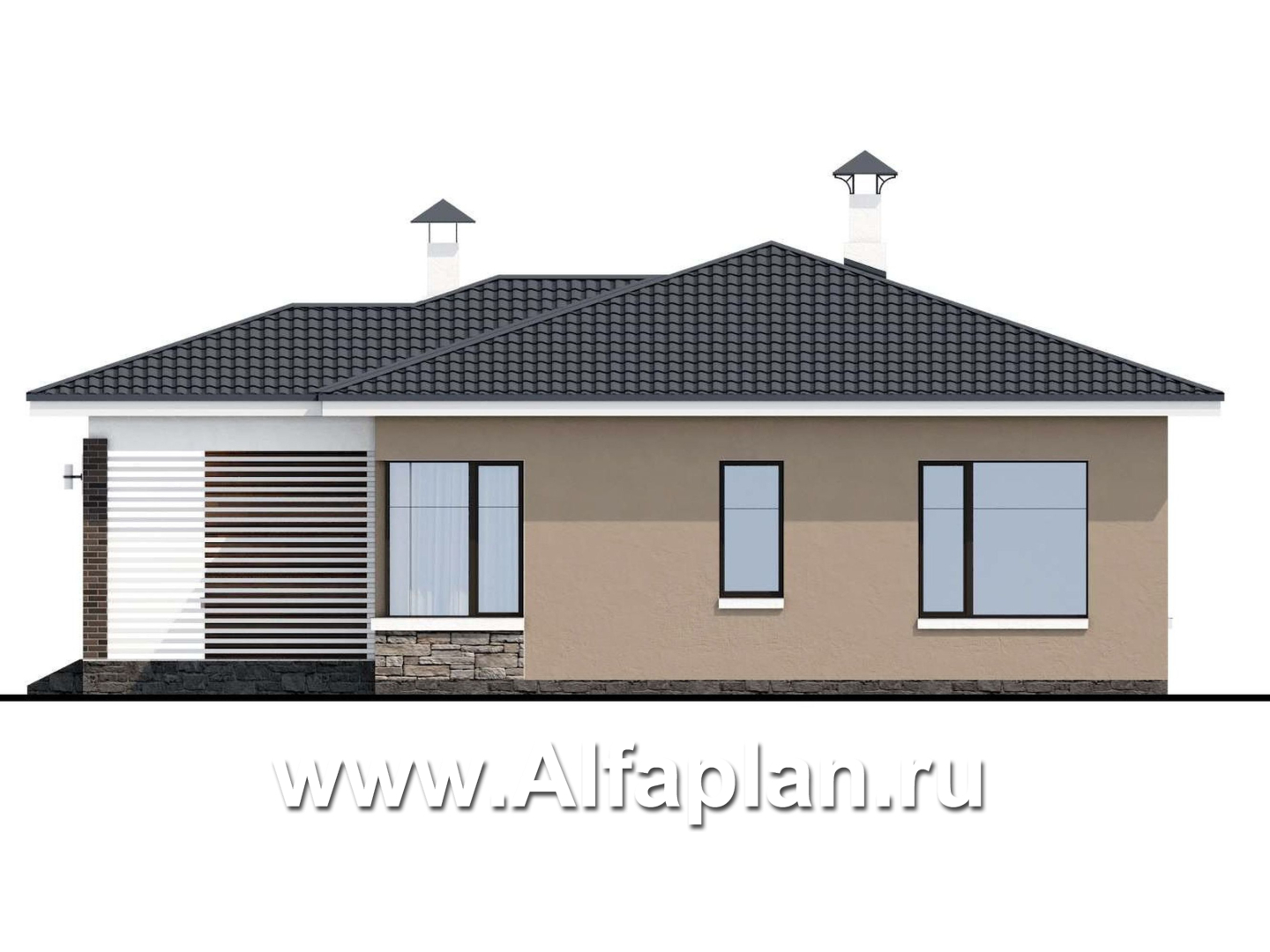 Проекты домов Альфаплан - «Аэда» - проект одноэтажного дома, 3 спальни, с остекленной верандой, в современном стиле - изображение фасада №2