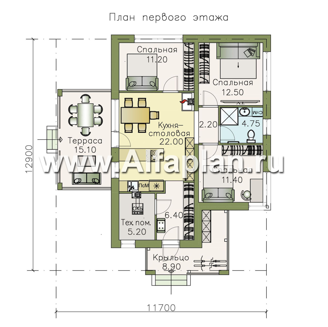 Проекты домов Альфаплан - «Аэда» - проект одноэтажного дома, 3 спальни, с остекленной верандой, в современном стиле - изображение плана проекта №1