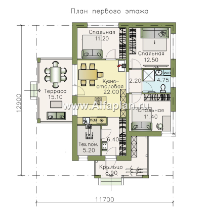 Проекты домов Альфаплан - «Аэда» - проект одноэтажного дома, 3 спальни, с остекленной верандой, в современном стиле - превью плана проекта №1