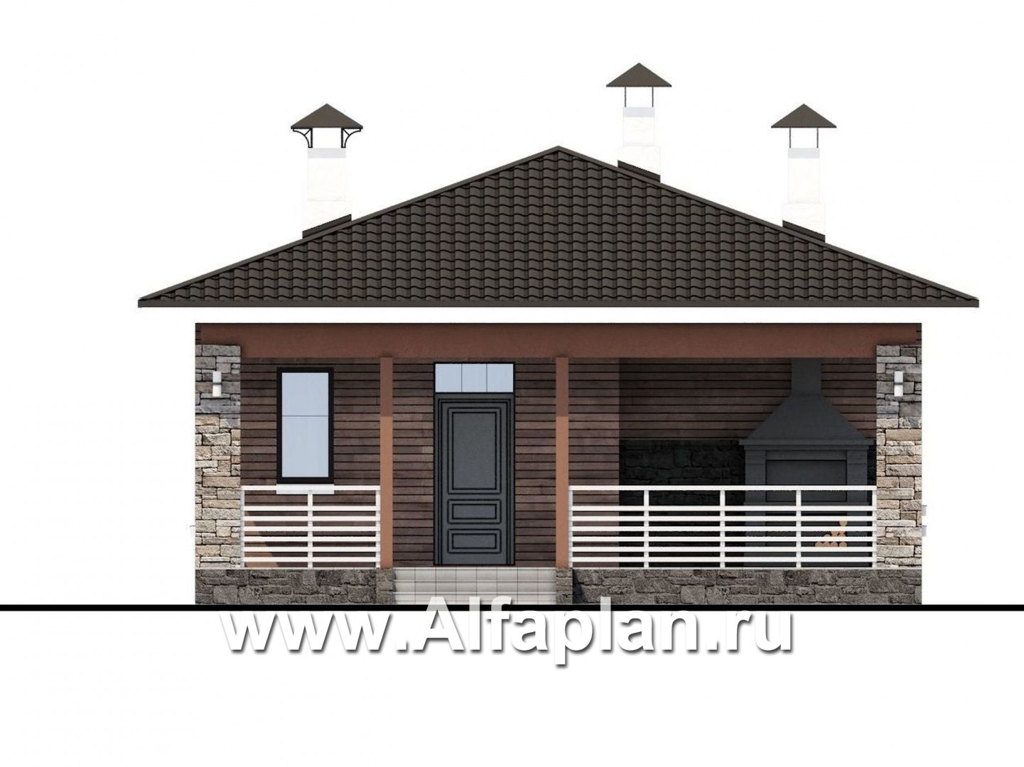 Проекты домов Альфаплан - «Мелета» - проект одноэтажного дома из газобетона, 3 спальни, с террасой на входе, в современном стиле - изображение фасада №1