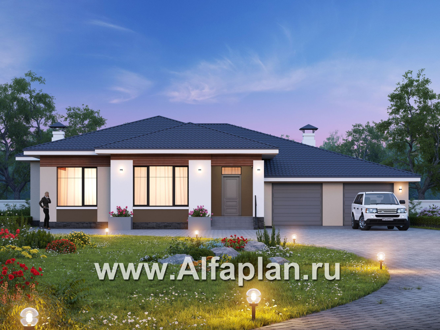 «Калипсо» - проект одноэтажного дома, планировка 3 спальни, с гаражом на 2 авто - основное изображение