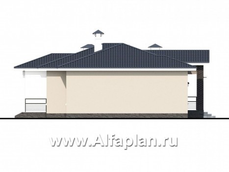 «Бирюса» - проект одноэтажного коттеджа, с террасой, планировка 2 спальни и гараж на 1 авто, для небольшой семьи - превью фасада дома