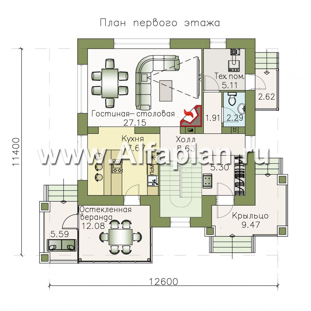 Проекты домов Альфаплан - «Медея» - компактный дом с верандой на главном фасаде - план проекта №1