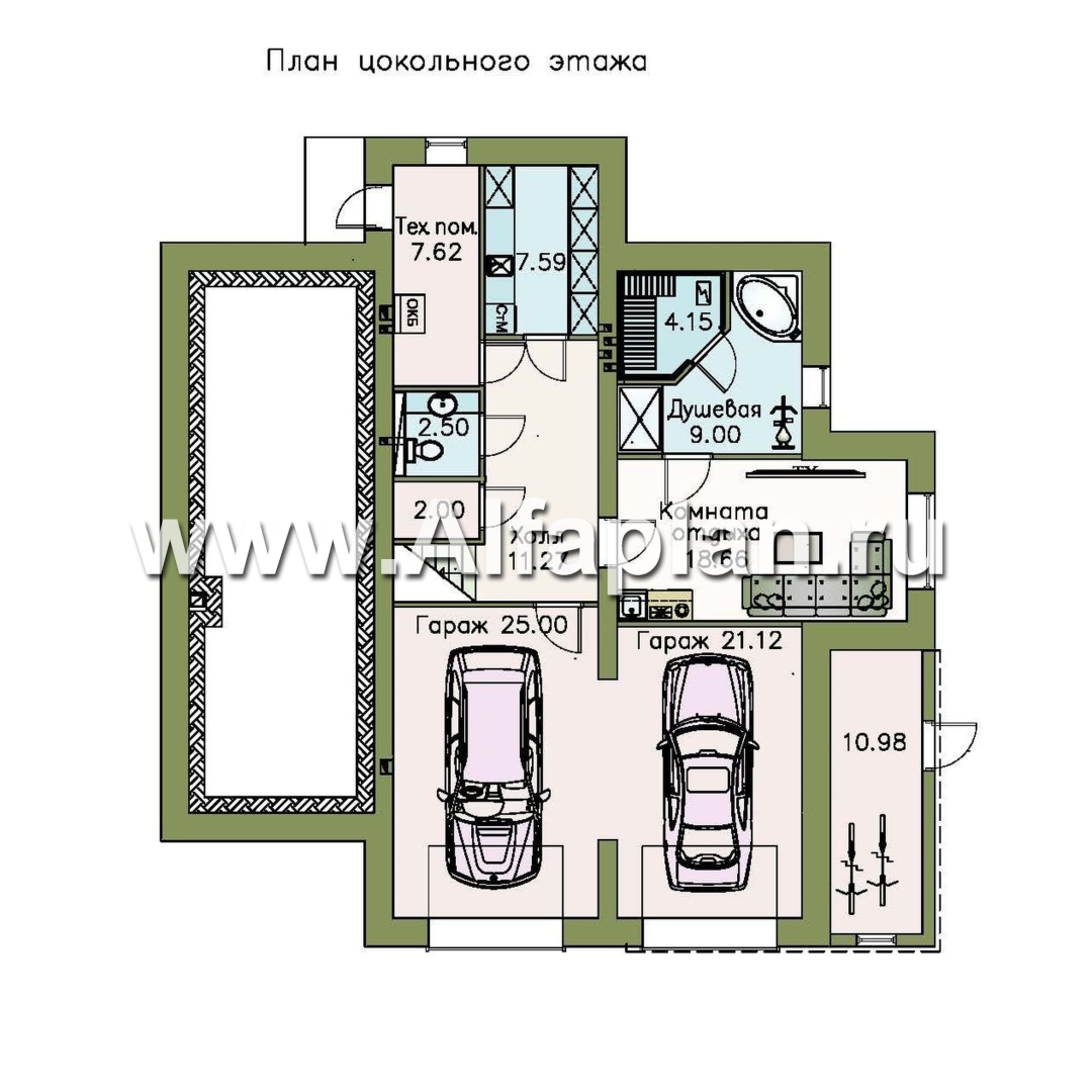 Проекты домов Альфаплан - «Три  семерки» - проект трехэтажного дома, гараж в цоколе, второй свет и панорамные окна, современный дизайн дома - изображение плана проекта №1