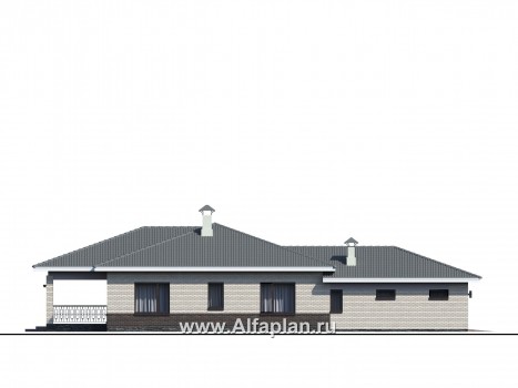 «Зодиак» - проект одноэтажного дома, с террасой и с сауной, в стиле Райта, с гаражом на 2 авто - превью фасада дома