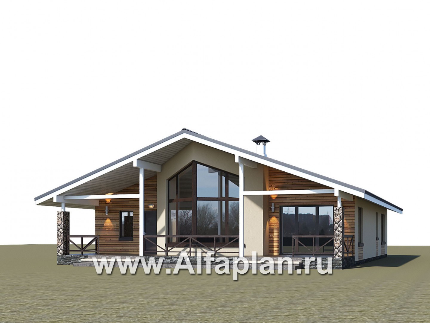 «Вектор Плюс» - проект одноэтажного дома, с эркером и с террасой, с сауной, 3 спальни - дизайн дома №1