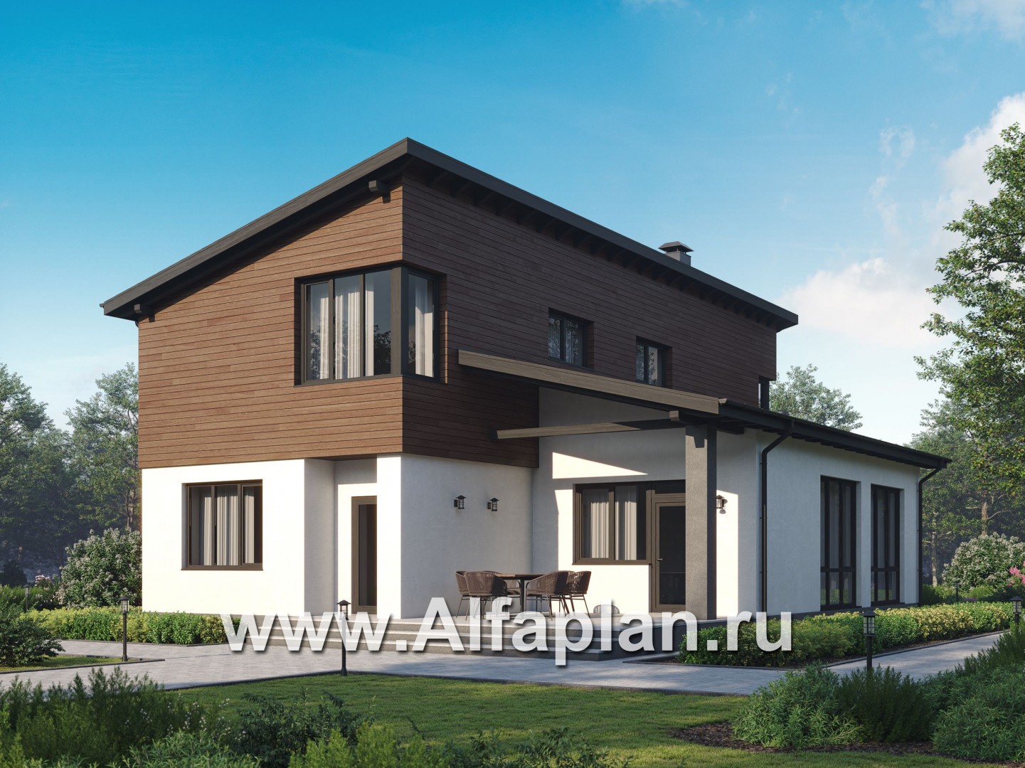 Проект современного загородного дома, планировка с высокой гостиной, две спальни на 1 эт, с террасой - основное изображение