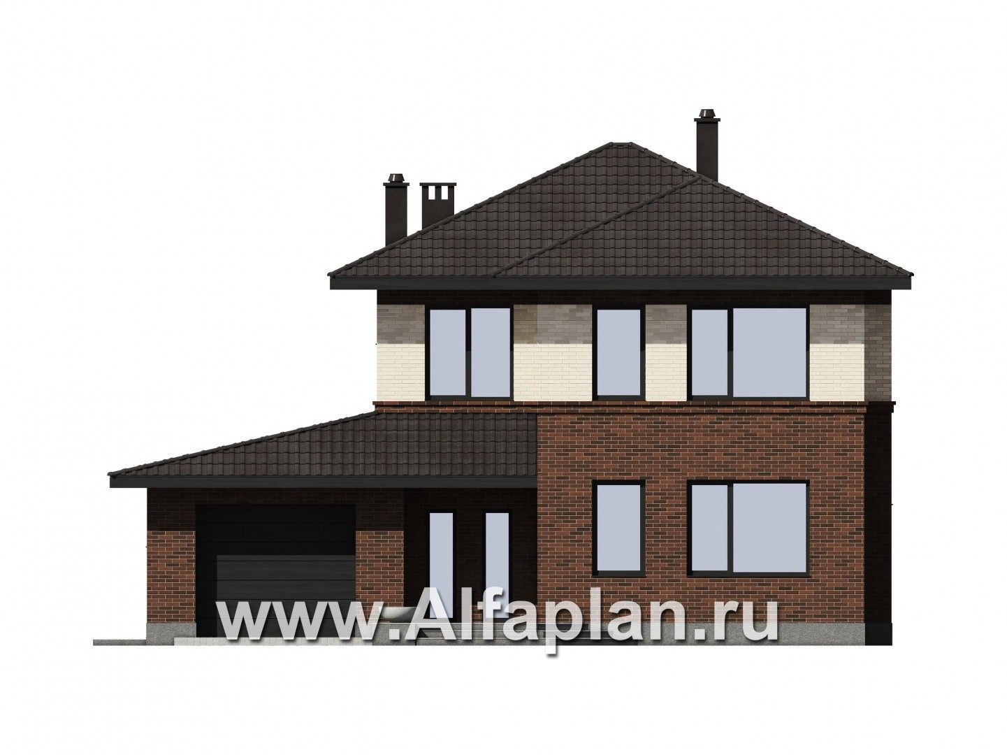 Проект двухэтажного дома из газобетона или кирпича, с террасой и с гаражом, в современном стиле - фасад дома